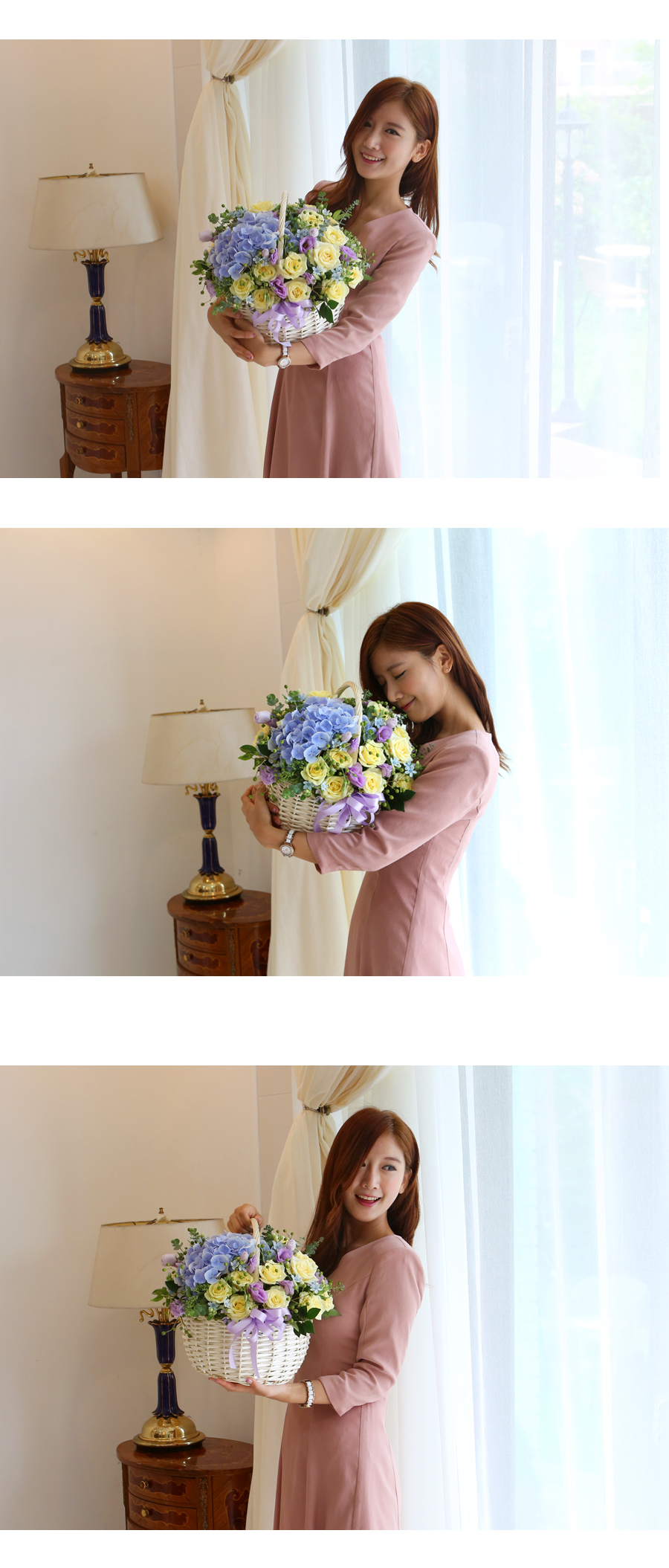 싱그러운 수국, 리시안셔스, 장미와 초록 소재들이 싱그러움을 더합니다.