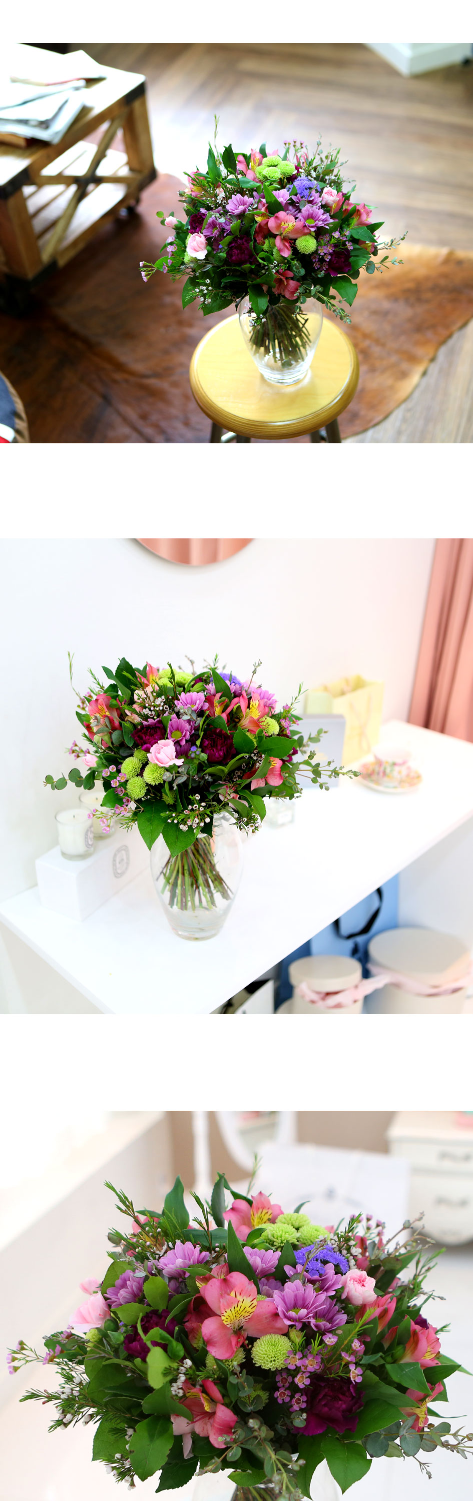 다양한 색감과 크기의 꽃과 소재들을 어렌지하여
풍성함과 자연스러움을 더했습니다.
생일, 기념일, 이벤트, 집들이, 홈데코 용으로 추천드립니다.