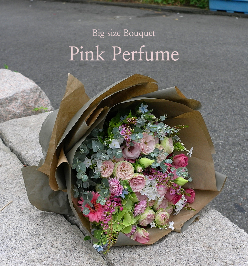 <b>Pink Perfume</b>
아름다운 핑크톤의 꽃들을 한가득 어레인지한 빅사이즈 부케입니다.
탐스러운 그린 수국, 아름다운 투톤의 리시안셔스, 핑크 장미, 왁스플라워와
화이트 프록스, 블루 옥시페탈룸, 소국, 유칼립투스를 아낌없이 채웠습니다