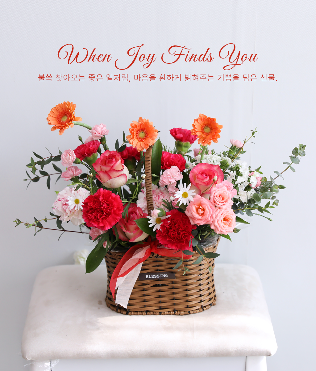 <br>When Joy Finds You<br>
선명한 주황색 거베라와 붉은 카네이션이 중심을 잡아주어 생동감이 넘칩니다.
자칫 너무 강해 보일 수 있는 색감을 부드러운 핑크빛 미니 장미와 연분홍 카네이션이 포근하게 감싸 안아주어 전체적으로 화사하면서도 안정적인 느낌을 줘요.