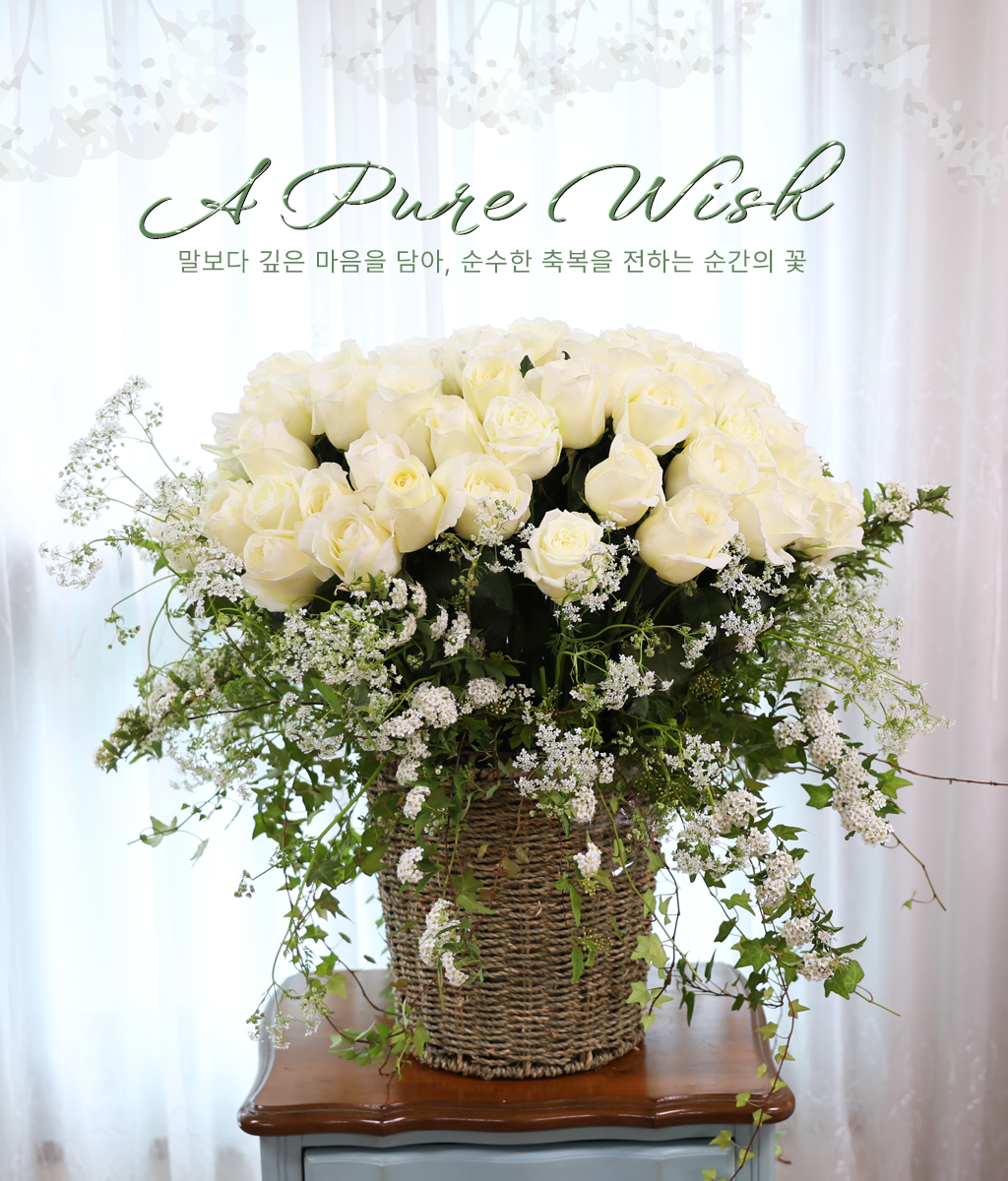<br>A Pure Wish<br>
맑고 깨끗한 화이트 로즈가 풍성하게 피어났습니다.
섬세하게 곁들여진 하얀 잔꽃들이 섬세하고 아기자기한 매력을 더해줍니다.