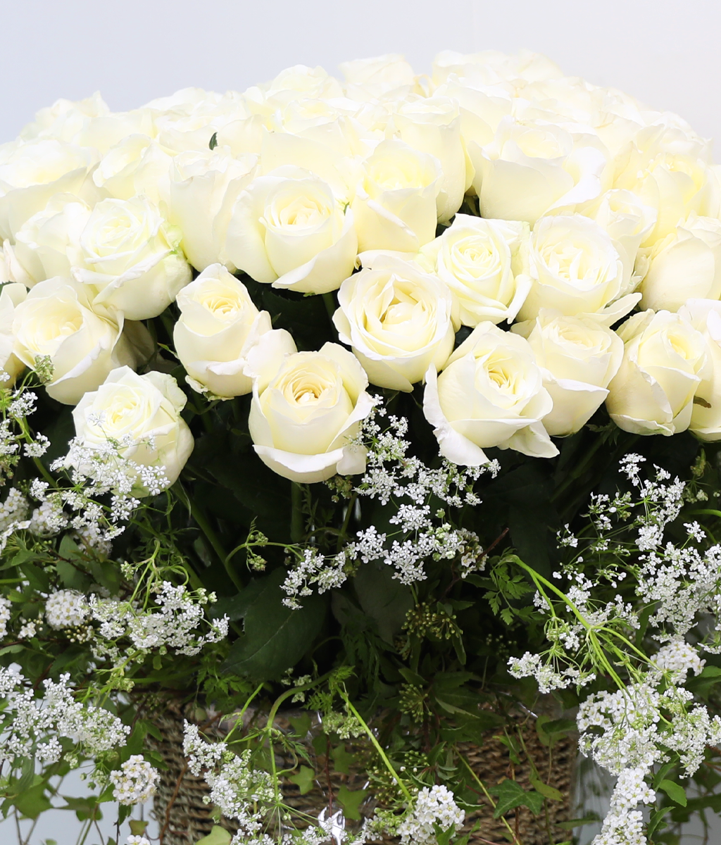연인인 두 사람이 함께 쌓아온 시간에 따뜻한 축복을 더합니다.
차분한 우아함을 담은 화이트 장미가 기념일의 마음을 더욱 특별하게 밝혀줍니다.