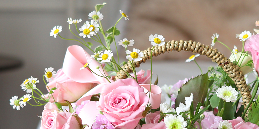 <div style="font-size:13px; color:#5A5A5A; text-align:center; font-style:oblique;"><br>외형 라인의 왼편에는 귀엽고 여린 느낌의 마트리카리아 라는 꽃을 두었어요.<br>계란꽃으로 불리는 개망초 꽃처럼 들꽃의 느낌을 낼 수 있고,<br>달콤하고 은은한 향기를 내는 기분 좋은 꽃입니다.</br></div>
<div style="font-size:13px; color:#5A5A5A; text-align:center; font-style:oblique;"><br>마트리카리아의 꽃말은 '역경에 굴하지 않는 강인함' 입니다.<br>여린 모습이지만, 강한 바람에도 잘 버텨내는 힘을 가진 꽃이기 때문이지요.</br></div>
<div style="font-size:13px; color:#5A5A5A; text-align:center; font-style:oblique;"><br>여린 모습의 잎이지만 선명한 하얗고 노란색을 가지고 있기 때문에<br>작지만 큰 존재감을 뽐내는 꽃입니다.</br></div>
<div style="font-size:13px; color:#5A5A5A; text-align:center; font-style:oblique;"><br>매스 플라워인 장미의 곁에서 마트리카리아가 필러의 역할을 해주어<br>몇송이 꽃만으로도 바구니의 전체적인 분위기에 여리고 앙증맞은 느낌을 더해줍니다.</br></div>
