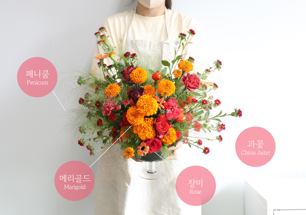 <div style="font-size:15px; color:#5A5A5A; text-align:center; font-style:oblique;">"꽃말 소개"</div>
<div style="font-size:13px; color:#5A5A5A; text-align:center; font-style:oblique;"><br>메리골드 : 반드시 오고야 말 행복<br>과꽃 : 믿음직한 사랑<br>페니쿰 : 애수</br></div>